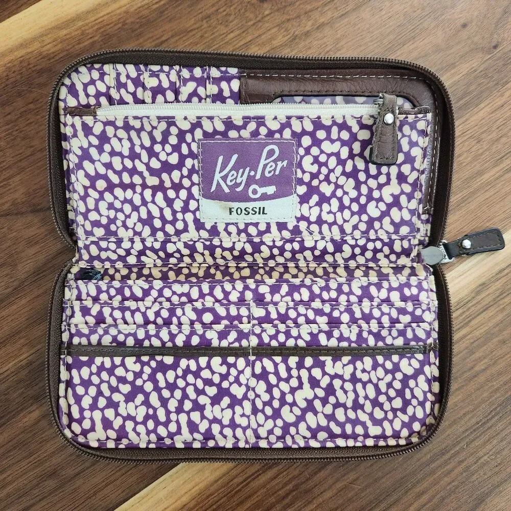 Fossil Key-Per Wallet Coated Canvas Leather Trim Bird Print Zip Around Clutch